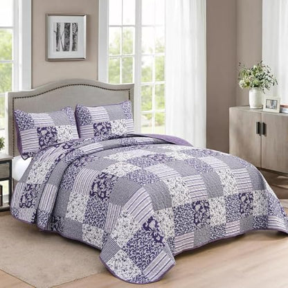 Mybedsoul Purple Quilt Set Full Size, Patchwork Floral Bedding Set