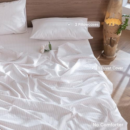 MooMee Striped Duvet Cover Set 100% Washed Cotton Linen Like Queen