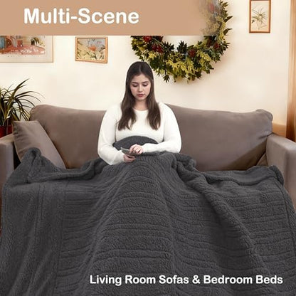 Electric Heated Blanket Queen Size 84"×90" Dual Control, 9 Heating Settings & 1-10Hs Auto Off, Overheat Protect, Double-Sided Sherpa, for Sofa & Bed, Machine Washable Gifts for Family- Dark Gray