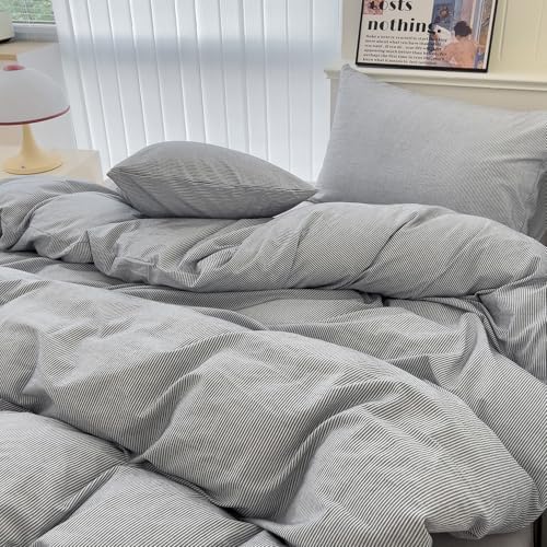mixinni Grey Striped Duvet Cover Twin Size - 100% Washed Cotton Pinstripe Comforter Cover with Zipper Closure, Lightweight & Breathable, 3 Pieces Minimalist Stripes Pattern Printed Bedding Set
