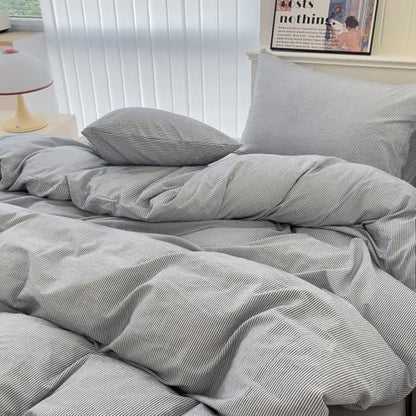mixinni Grey Striped Duvet Cover Twin Size - 100% Washed Cotton Pinstripe Comforter Cover with Zipper Closure, Lightweight & Breathable, 3 Pieces Minimalist Stripes Pattern Printed Bedding Set
