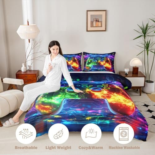 Erosebridal 3D Modern Gamer Comforter Set Gamer Controller King Bedding Set for Adult Men Geometric Neon Gaming Comforter Video Game Consoles Duvet Insert,Boys Room Decor