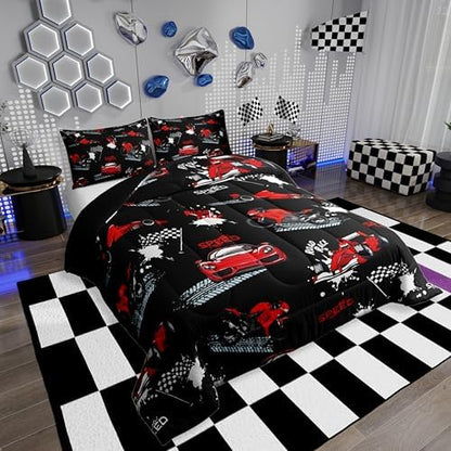 Erosebridal Black Red Race Car Bedding Set Kids Sports Car Comforter Set Toddler,Speed Racing Car Bedding for Boys Teens Men Extreme Sport Games Duvet Insert Dirt Bike Motocross Quilt,1 Pillowcase