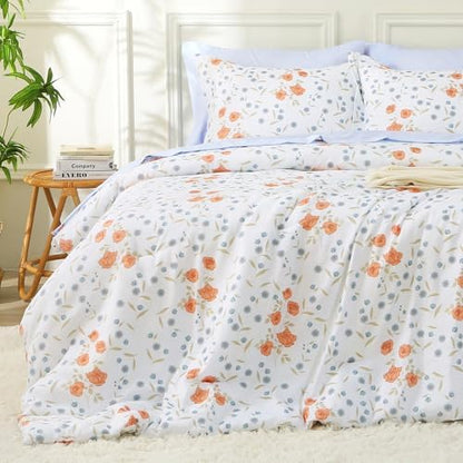 MUXHOMO Orange Blossom Full Comforter Set, Elegant Floral Print Bed in a Bag 7 Pieces, Ultra Soft & Breathable Reversible Botanical Pattern Bedding Set with Comforter, Sheets, Pillowcases, and Shams