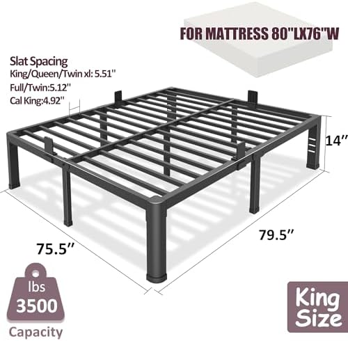 Bilily 14 inch King Bed Frame Metal Platform with Round Corner Legs,3500 LBS Heavy Duty Steel Slats Support,Headboard Compatible,No Box Spring Needed,Easy Assembly,Mattress Retainer,Underbed Storage