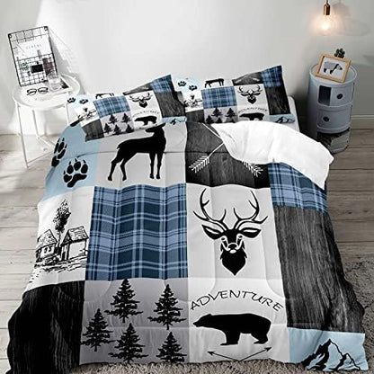 LUVIVIHOME 2PCS Farmhouse Comforter Set, Twin Comforter, Black Bear Deer Elk Moose Woodland Forest Animals Wildlife Hunting Blue Plaid Patchwork Cabin Lodge Country Rustic Bedding Quilt, 1 Pillow Sham