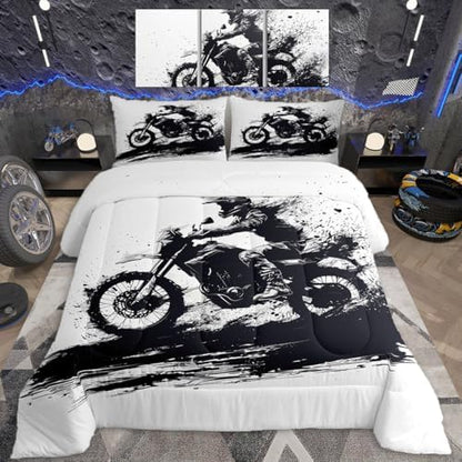 Feelyou Cool Motocross Comforter Set Toddler Size Dirt Bike Bedding Set Ultra Soft Motorcycle Racer Comforter for Kids Boys Girls Extreme Sports Duvet Quilt Bedroom Decor Motorbike Quilt