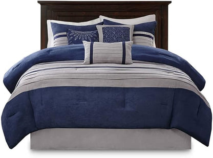 Madison Park Cozy Comforter Set-Luxury Faux Suede Design, Striped Accent, All Season Down Alternative Bedding, Matching Shams, Decorative Pillow, Blue, California King (104 in x 92 in)