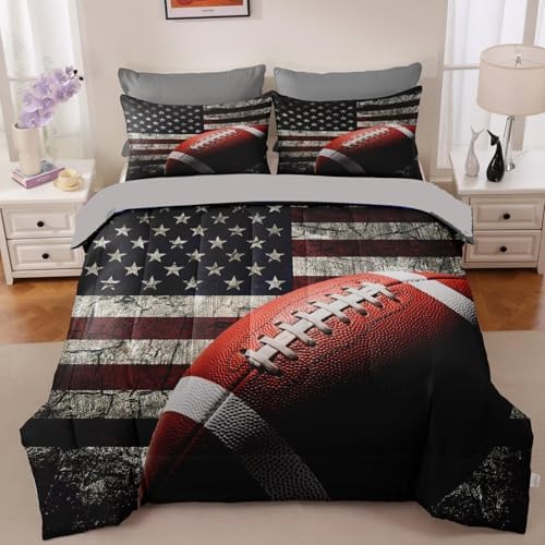 American Football Comforter Set for Boys Teens,Kids Sports Bedding Set Twin Size,USA Flag Football Printed Bedroom Sets with 2 Matching Pillow Shams