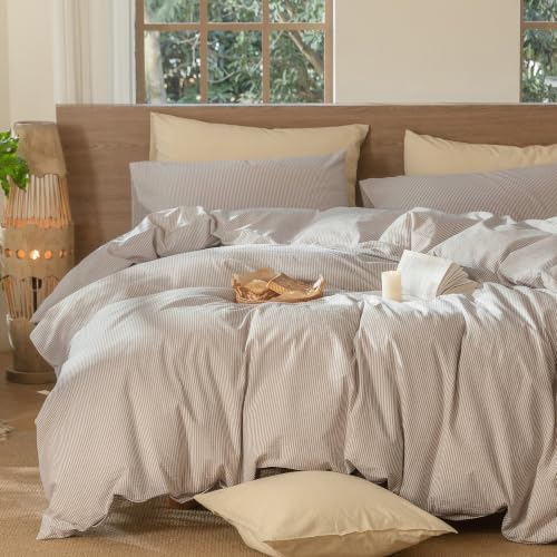 MooMee Striped Duvet Cover Set 100% Washed Cotton Linen Like Queen