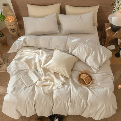 MooMee Striped Duvet Cover Set 100% Washed Cotton Linen Like King