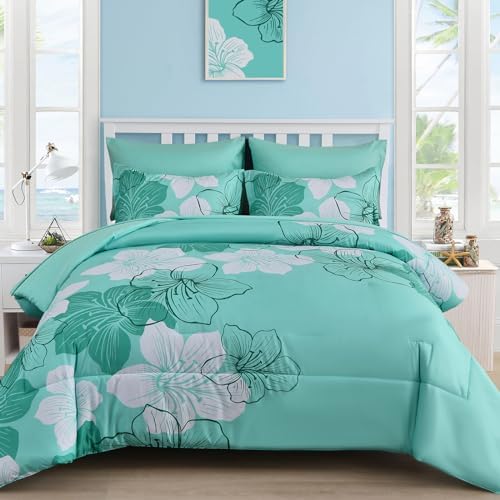 Luxudecor King Size Comforter Set, 7 Pieces Aqua Floral Bed in a Bag