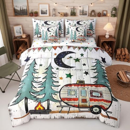 Erosebridal 7 Piece Happy Camping King Bedding Set,RV Bunk Camper Bed Comforter Set with Sheets for Kids Adults,Moon and Stars Decor Travel Trailer Quilt Bed Set with Fitted+Flat Sheet,Pillowcases
