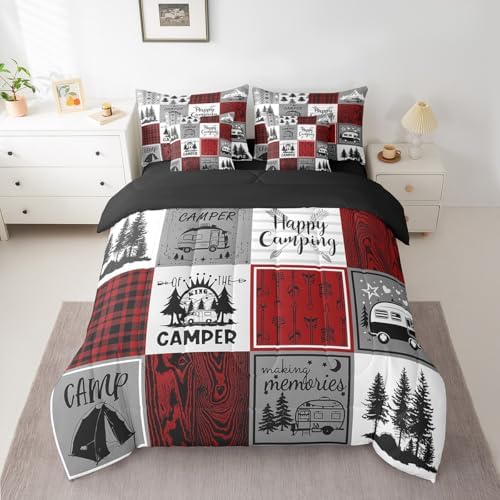 Erosebridal Camper Twin Bed in A Bag 7 Piece Rv Camping Comforter Set Rustic Buffalo Plaid Bedding Comforter Sets Camper Decor for Travel Trailers Bunk Country Camping Bed Set Red Black Grey