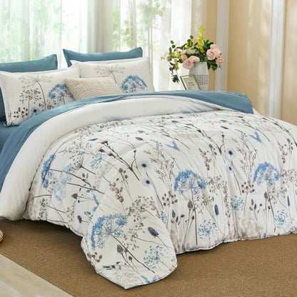 Yiran King Comforter Size Set, 7 Piece Blue Dandelion Floral Bed in a Bag