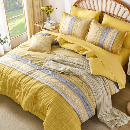 Boho King Comforter Size Set, 8 Pieces Yellow Striped Texture Bed in a Bag Bedding Sets, Lightweight Soft Bohemian Comforter and Sheet Set, All Season Microfiber Teen Boys Bedding Sets for Men Women