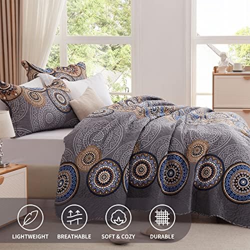 3 Pieces Full/Queen Size Quilt Set Lightweight Summer Bedspread 90''x98'' Soft Microfiber Floral Coverlet Luxurious Warm Bed Cover for All Seasons Vintage Gray Bedding Set (1 Quilt, 2 Pillow Shams)
