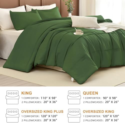 Masaca Olive Green Oversized King Comforter 120"x120",Pinch Pleat Dark Green Farmhouse Boho Bedding Set,3 Pieces Soft Lightweight Fluffy California King Comforter Set for All Season