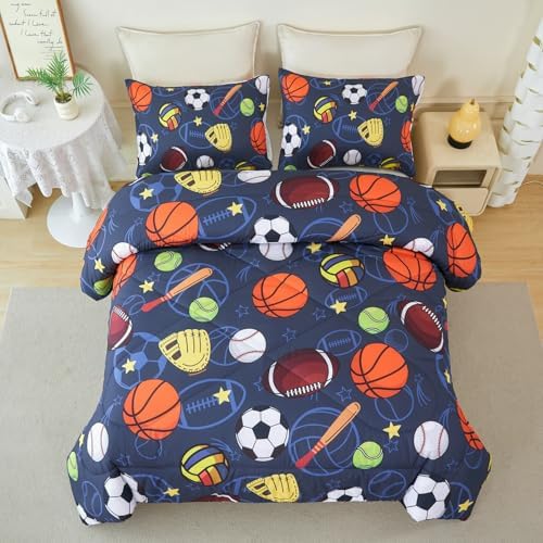 RYNGHIPY Sports Bedding Set for Boys Full Size Basketball Soccer Football Tennins Volleyball Comforter Set 3pcs Kids Bedding with 1 Comforter 2 Pillowcases (Navy-Ball, Full)