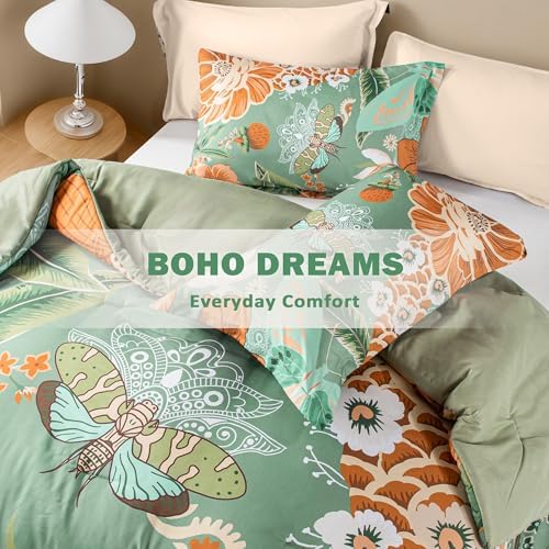 Tyrot Sage Green Boho Floral King Comforter Set - 3 Piece Farmhouse Botanical Bedding Comforter Sets for All Season Soft Lightweight Mid Century Bed Set, (1 Reversible Comforter and 2 Pillow Shams