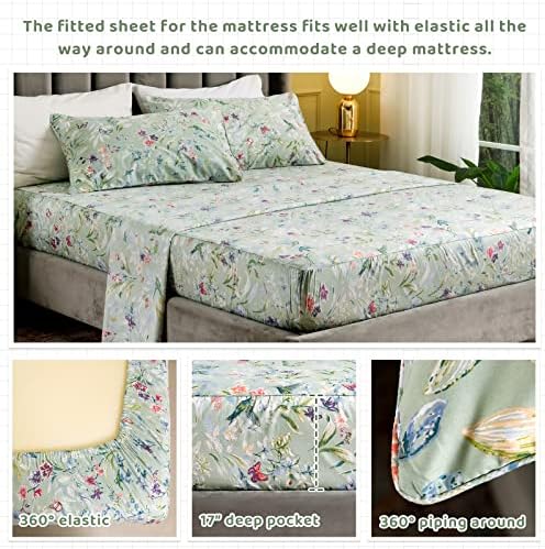 QSH Green Floral Queen Size Sheet Sets - Green Flower Bird Butterfly Print Botanical Bedding Egyptian Cotton Printed Sheets Queen Size Bed Extra Soft and Breathable 17.5" Deep Pockets Bed Sheets 4pcs