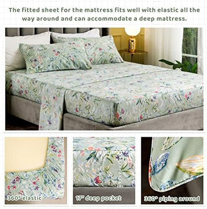 QSH Green Floral Queen Size Sheet Sets - Green Flower Bird Butterfly Print Botanical Bedding Egyptian Cotton Printed Sheets Queen Size Bed Extra Soft and Breathable 17.5" Deep Pockets Bed Sheets 4pcs