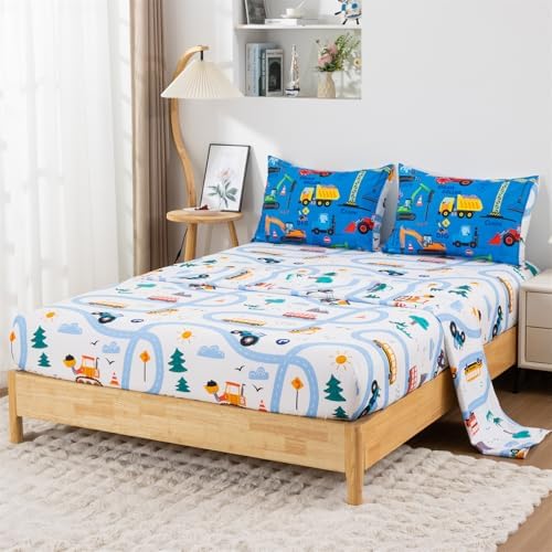 Holawakaka Boys Construction Truck Excavator Full Comforter Set with Sheets