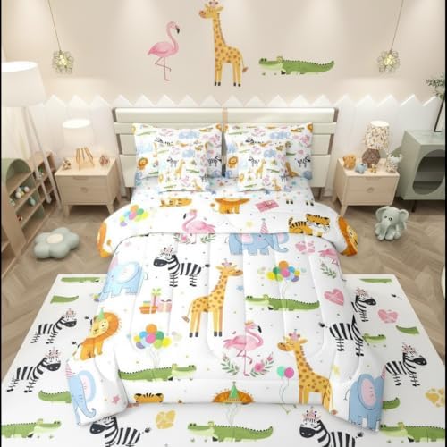 Erosebridal Party Animals 7 Piece Comforter Set King for Nursery | Funny Cartoon Wild Animals Bedding Set Kids Boys Girls Flamingo Giraffe Elephant Zebra Crocodile Sheets Love Heart Floral Quilt