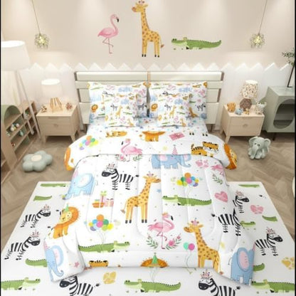 Erosebridal Party Animals 7 Piece Comforter Set King for Nursery | Funny Cartoon Wild Animals Bedding Set Kids Boys Girls Flamingo Giraffe Elephant Zebra Crocodile Sheets Love Heart Floral Quilt