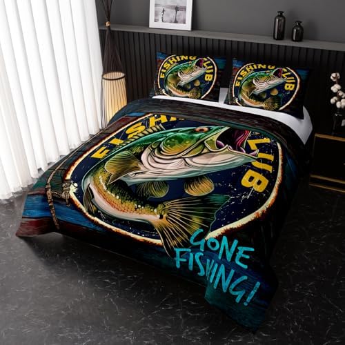 Nttopship Big Pike Fish Bedding, Bass Fishing Comforter Set Hunting and Fishing Themed Comforter Set for Kids Boys Room Decor, Queen Bed in a Bag for Teens with 2 Pillowcases