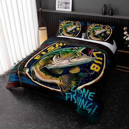 Nttopship Big Pike Fish Bedding, Bass Fishing Comforter Set Hunting and Fishing Themed Comforter Set for Kids Boys Room Decor, Queen Bed in a Bag for Teens with 2 Pillowcases