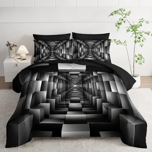7 Piece Black and White Checkered Comforter Set Queen，Geometric Bedding Set Boys，Geometric Bedroom Decor，(1 Comforter, 1 Flat Sheet, 1 Fitted Sheet, 2 Pillowcase and 2 Pillow Sham)