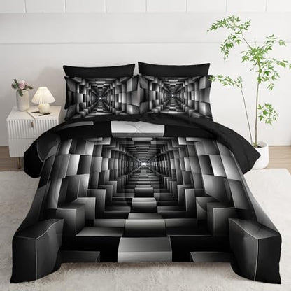 7 Piece Black and White Checkered Comforter Set King，Geometric Bedding Set Boys，Geometric Bedroom Decor，(1 Comforter, 1 Flat Sheet, 1 Fitted Sheet, 2 Pillowcase and 2 Pillow Sham)
