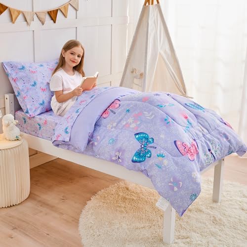 lasoftan Butterfly Toddler Bedding Set for Girls, 4 Piece Bed-in-a-Bag Toddler Comforter Sets, Super Soft Comforter Sheet Set and Comfortable Microfiber Toddler Bed Set