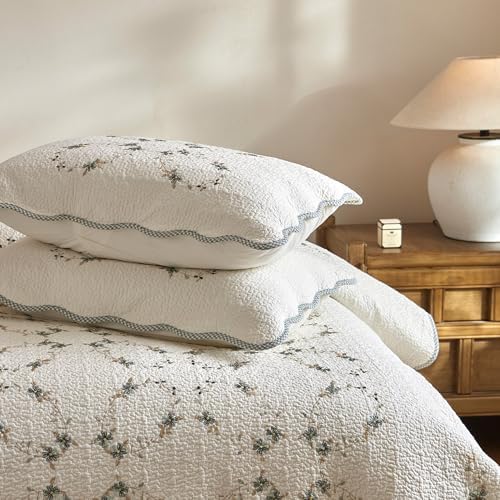 MarCielo 3Pcs Soft Cream Cotton Quilt Bedspread Set European Cottage Style TC153