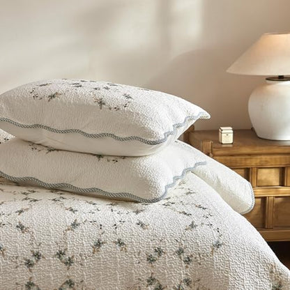 MarCielo 3Pcs Soft Cream Cotton Quilt Bedspread Set European Cottage Style TC153