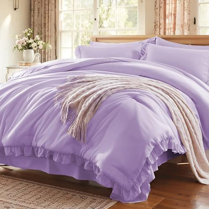 Anluoer Queen Comforter Set 7 Piece, Ruffle Bed in a Bag Queen Bedding Sets
