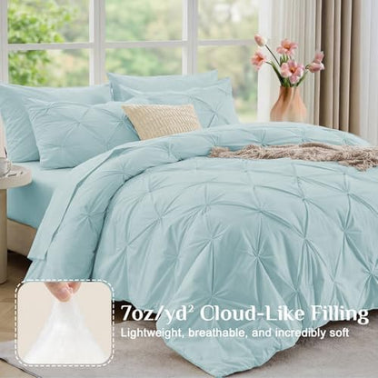 JOLLYVOGUE Queen Comforter Set 7 Pieces - Bed in a Bag Queen for All Season, Pintuck Bedding Comforter Sets with Comforter, Flat Sheet, Fitted Sheet and Pillowcases & Shams, Light Blue