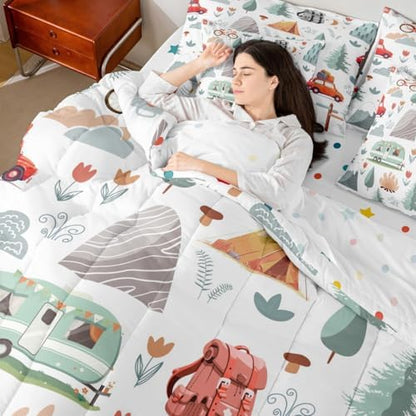Erosebridal Kids Camper Theme 7 Pcs Comforter Set Full Bed in a Bag,Happy Camping Bedding Set,Travel Car Rv Accessories Down Comforter,Botanical Flowers Mountain Adventure Quilt,Cute Camper Sheets