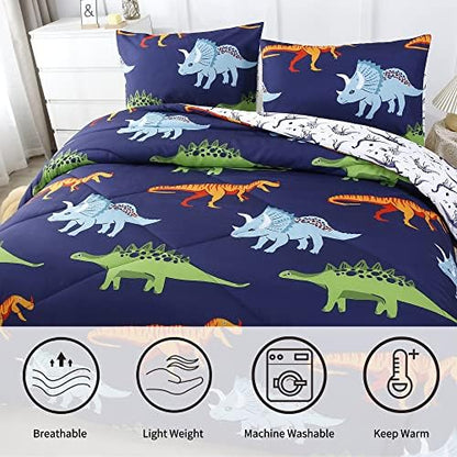 RYNGHIPY 3 Pcs Dark Blue Dinosaur Full Comforter Set for Boys Kids