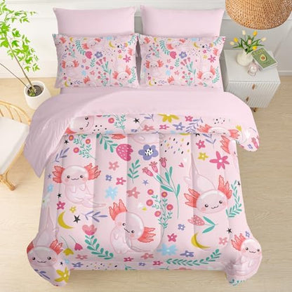 QOOMO Axolotl 7 Pieces Comforter Set Full Size,Pink Axolotl Bedding Set