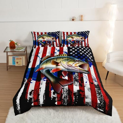 HOSIMA Big Pike Fishing Comforter Set Queen for Teens with 2 Pillowcases.