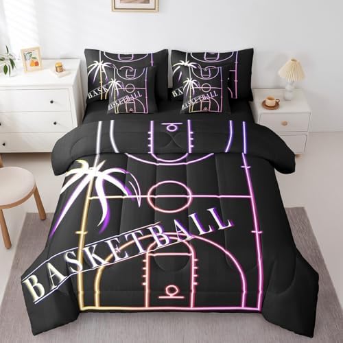 Basketball Bedding Comforter Sets 7pcs Sport Bed in a Bag for Boys Room, Rainbow Neon Light Twin Bedding Sets Gradient Basketball Court Comforter Set, Ball Gaming Bedding Sets & Collections