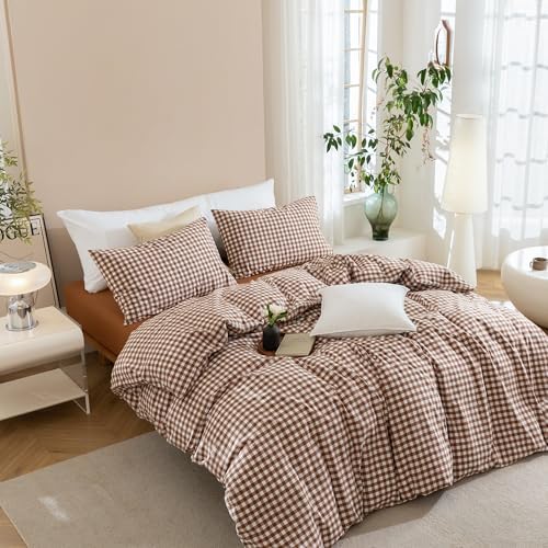 JIYUAN Super King Washed Cotton Duvet Cover Set,Classic Gingham