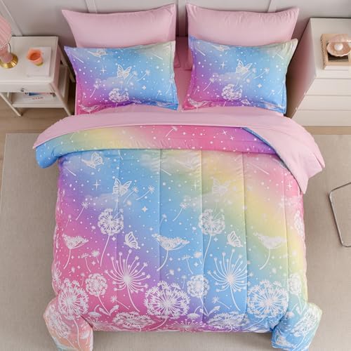 Dinjoy Girls Comforter Set 5 Pieces, Twin Size Colorful Ombre Rainbow Bedding Set, Bed in A Bag for Kid Teen Girls (1 Comforter, 1 Flat Sheet, 1 Fitted Sheet, 1 Pillow Shams, 1 Pillowcases)