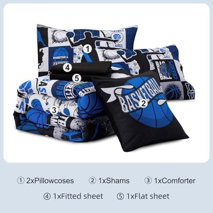 Aimuan Sports Geometric Grid Black Patchwork Basketball Printed for Boys Twin 6Pcs Bed in A Bag Black and Blue Comforter Bedding Set Twin Size, Blue
