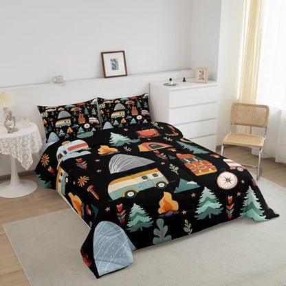 Feelyou Happy Camping Comforter Set for Kids Boys Girls Toddler Size Outdoor Travel Bedding Set Ultra Soft Travel Trailers Themed Duvet Quilt Travel Bag Tent Print Comforter Camping Gifts Duvet Quilt