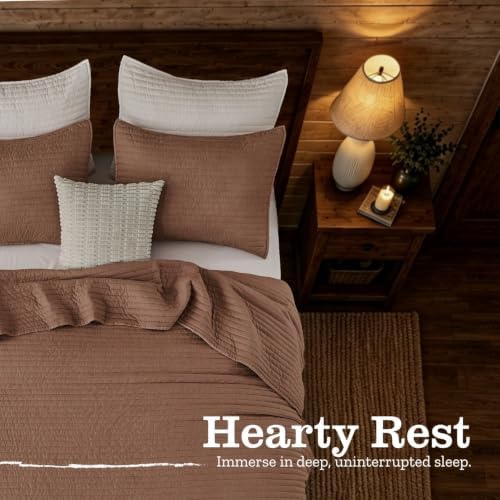DOWN HOME Cali King Quilt Bedding Set with Shams, Vintage Washed Quilted Blanket Thin Comforter Lightweight Bedspread Coverlet Bed Cover, Brushed Microfiber Stitching, Washed Terra, 111"x92"