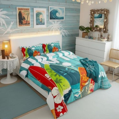 Surfboard Surf Comforter Set Full,Blue Rustic Farmhouse Wooden Board Duvet Insert Sun Flowers Palm Tree Silhouette Bedding Set for Kids Teens Adults,Hawaiian Ocean Style Quilted Duvet,2 Pillowcases