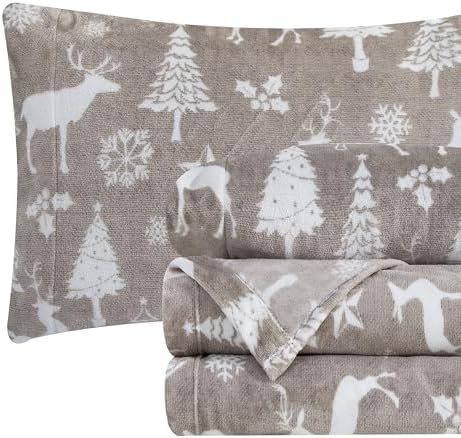 Elegant Comfort Luxuriously Soft 4-Piece Holiday Velvet Plush Flannel Sheet Set - Premium Quality - Cozy Warm, Christmas Fuzzy Velvet Flannel Fleece Deep Pocket Sheet Set - Twin, Silver Reindeer